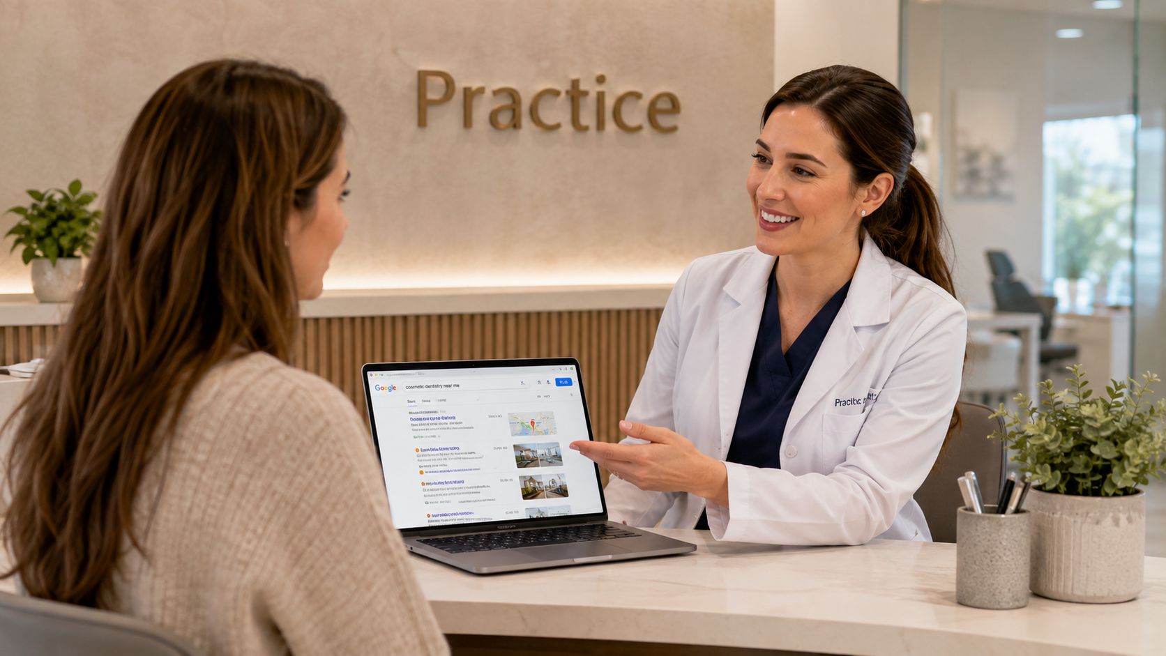 A smiling dentist explains dental procedure options on a laptop to a patient in a modern office.